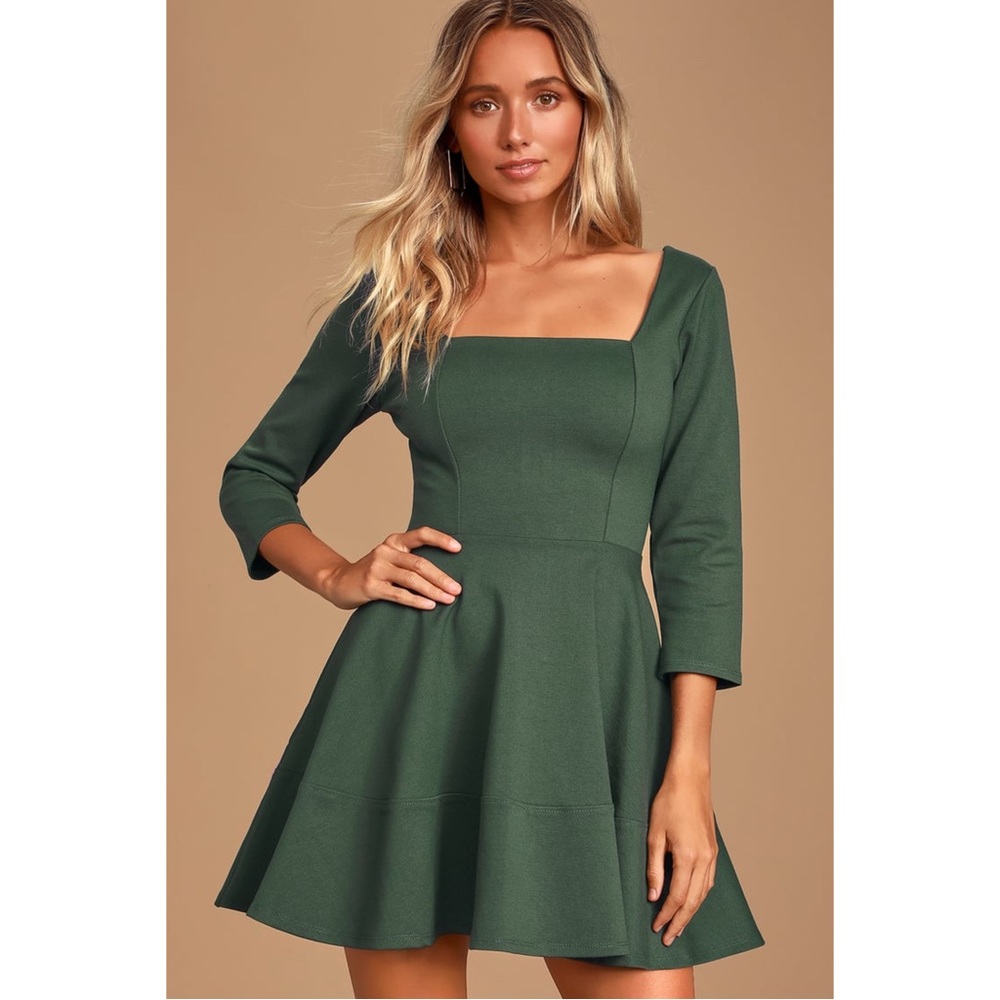 Lulus Spinning Around Hunter Green Three-Quarter Sleeve Skater Dress